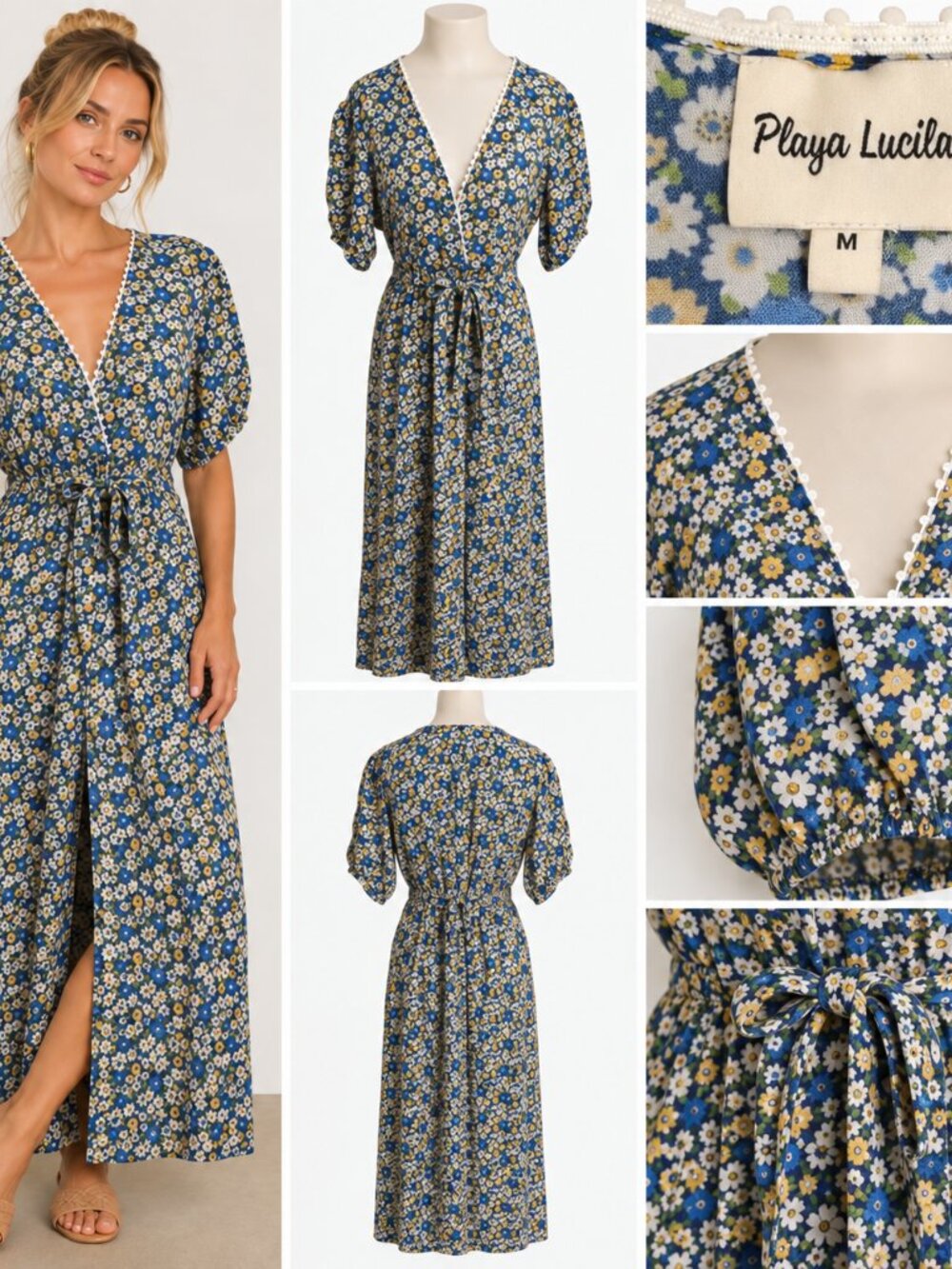 Playa Lucila Blue Floral Wrap Maxi Dress Sz M Boho Coastal Puff Sleeve Tie Waist